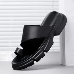 Men's leather slippers, summer cowhide thick soled cool slippers, black casual anti slip trend flip flops 230408