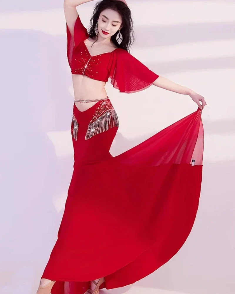 

Одежда для занятий танцами живота, летний комплект для выступлений в стиле восточных танцев, сексуальная длинная юбка, одежда для тренировок, женская одежда для выступлений