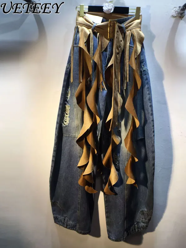 

Europe Station, осенние новые лоскутные джинсы с кисточками и высокой талией, утягивающие прямые рваные мешковатые джинсы, длинные брюки, женские брюки