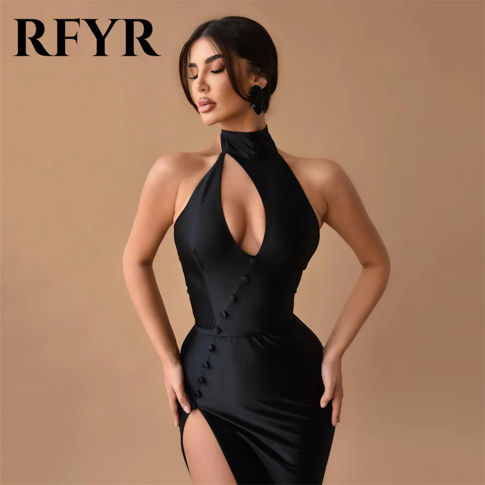 RFYR Sexy Black Prom Dress Long Mermaid Evening Dresses Sexy Halter Neck Satin High Side Slit Party Dresses Gowns Customized