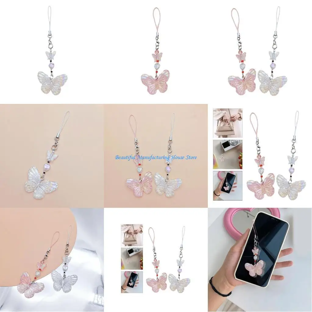 

E56A Butterfly Beaded Pendant Sweet Phone Straps Lanyard Pocket Keychain Strap