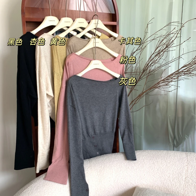 Bomon irregular oblique shoulder slit knitwear women 2024 early fall new French temperament long sleeve button T-shirt top