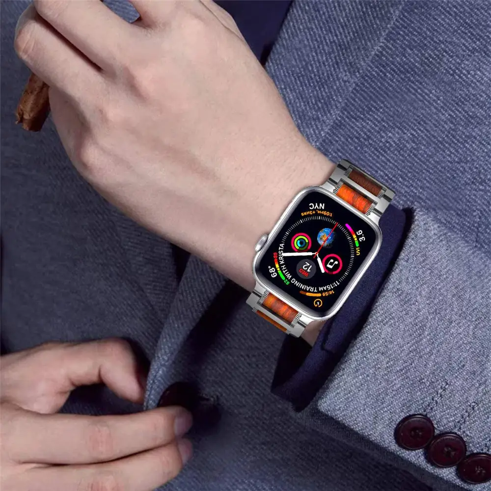 سوار من خشب الصندل الفاخر لساعة ابل ، سوار مشبك من الستانلس ستيل ، الترا 8 7 6 5 4 SE