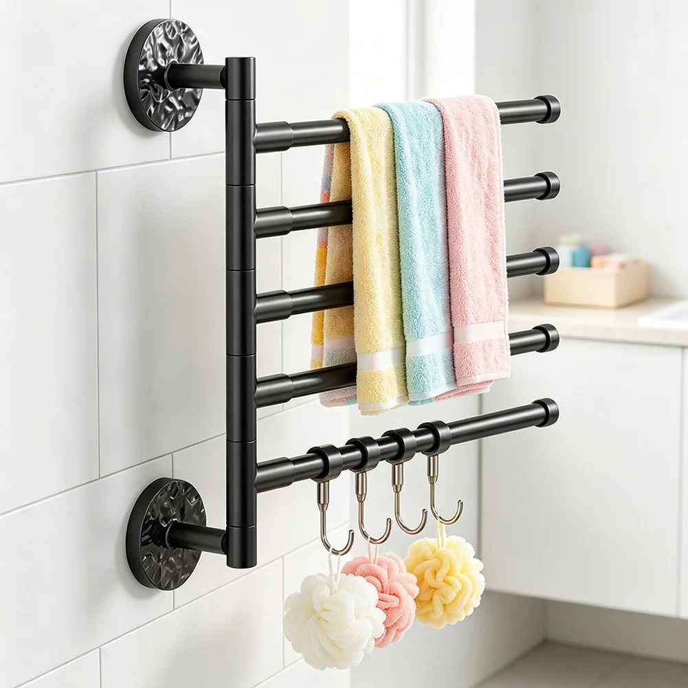 16 Inch Wall Mounted Swivel Towel Rack with Dual Screw Fixation for Tiles Flat Surfaces Strong Secure Installation