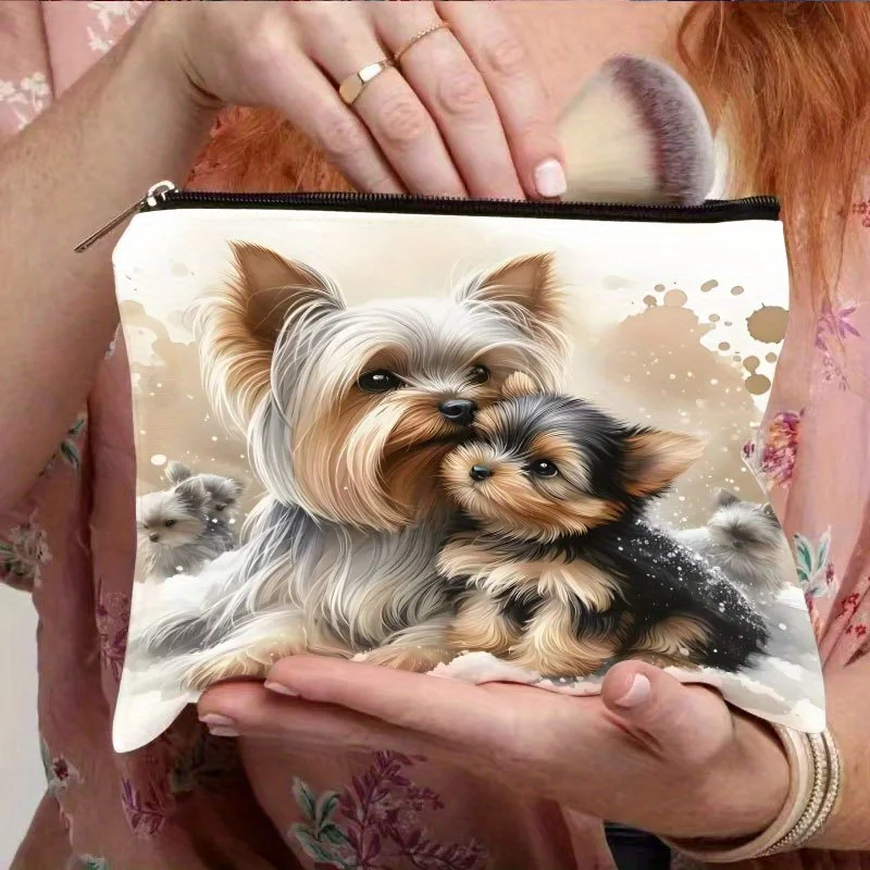 1Pc New York Terrier in the Snow Retro Design Multifunctional Travel Makeup Bag, Snack Storage Bag, Stationery Storage Bag, Fashionable Toiletry Bag, Canvas Double-Sided Printed Zipper Pouch