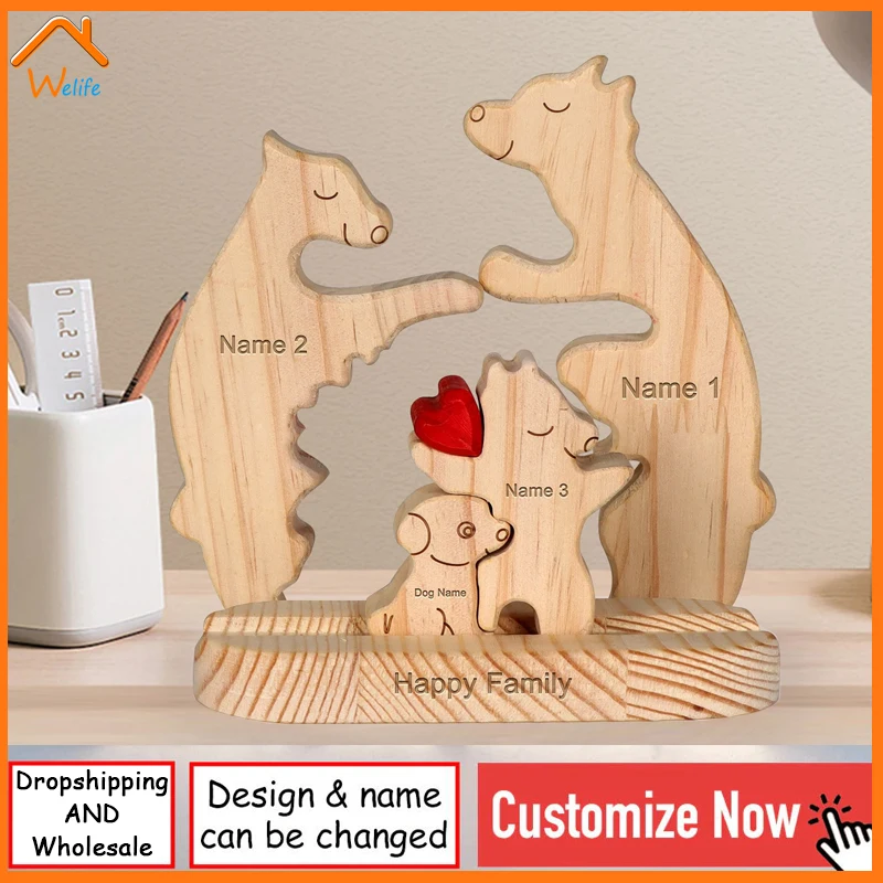 2024 Most Popular Wooden Bear Art Puzzle Family With Pet Dog Base Theme Sculpture Family Member Home Desktop Decor Dropshipping