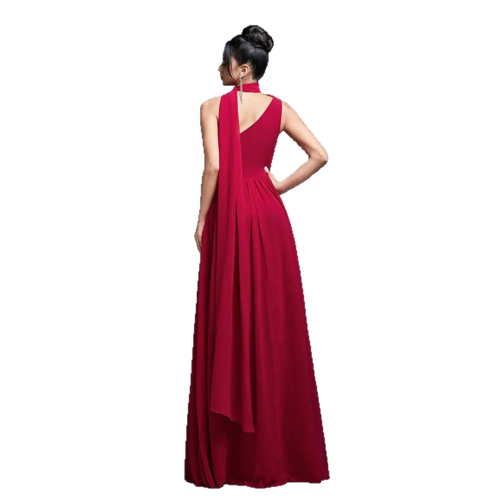 Elegant Simple Ruched One Shoulder Chiffon Long Formal Evening Dress Rose Red