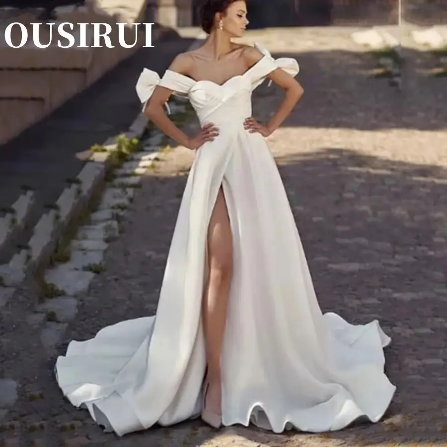 

Свадебное платье Robe De Mariée Плюс Размер Изысканные свадебные платья с разрезом по бокам и скользящим шлейфом с открытыми плечами Свадебные платья Милая
