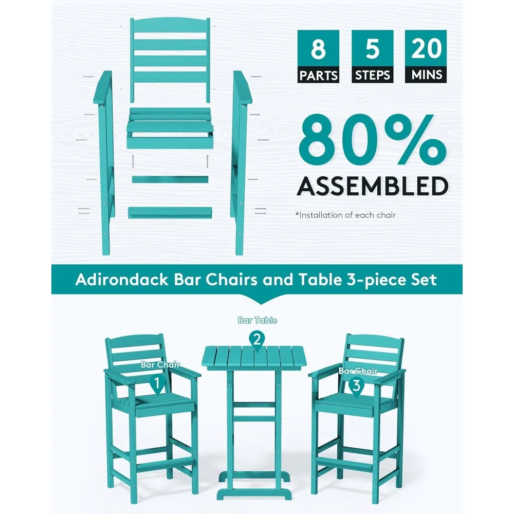 Conjunto de cadeiras e mesa Adirondack para varanda, 3 peças, conjunto de 2 cadeiras de altura de barra Adirondack e mesa de bar, conjunto de bancos de bar ao ar livre