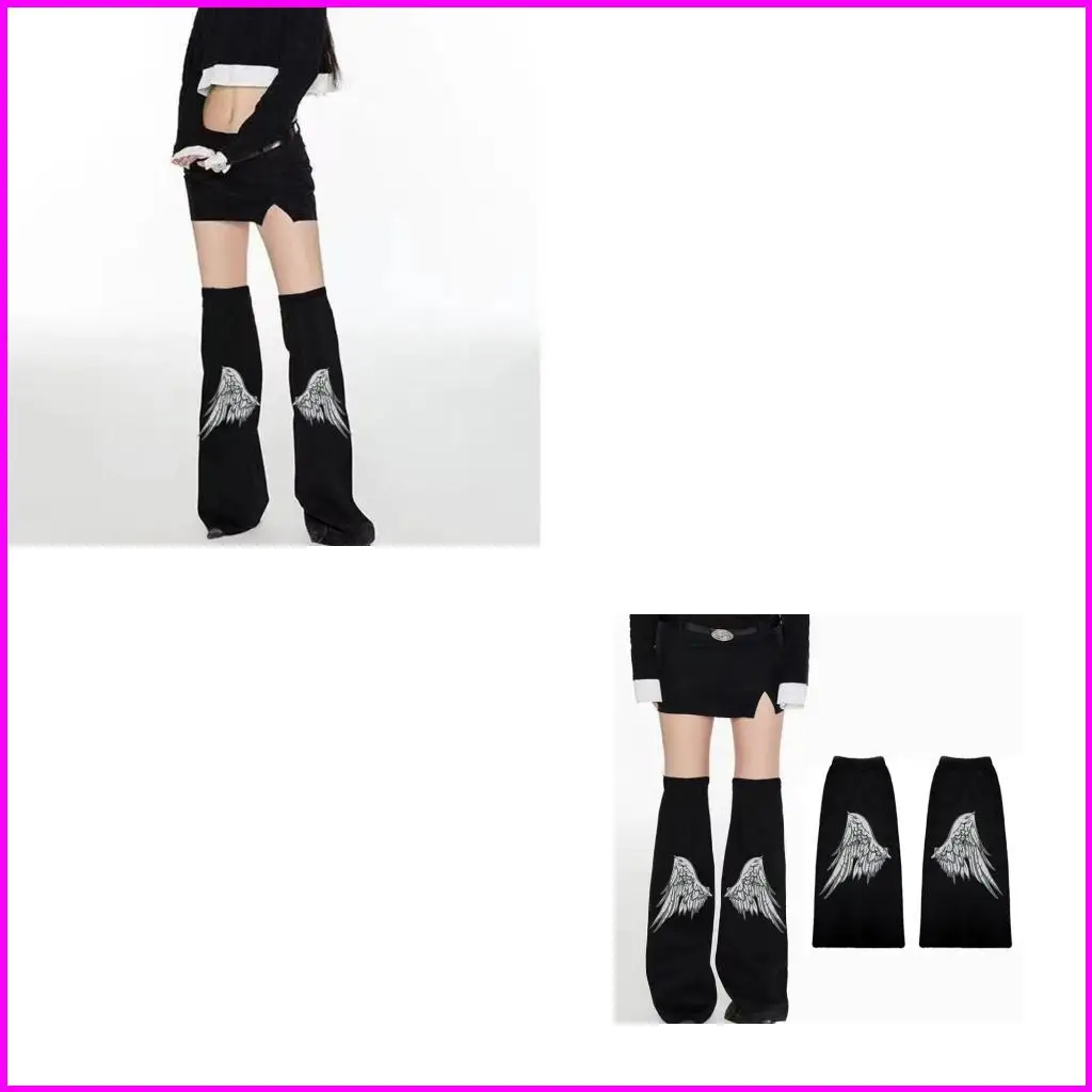 

Womens Punk Overknee Black Denims Leg Warmers with Angel Wing Print Flared Harajuku Baggy Boot Covers Footless Socks