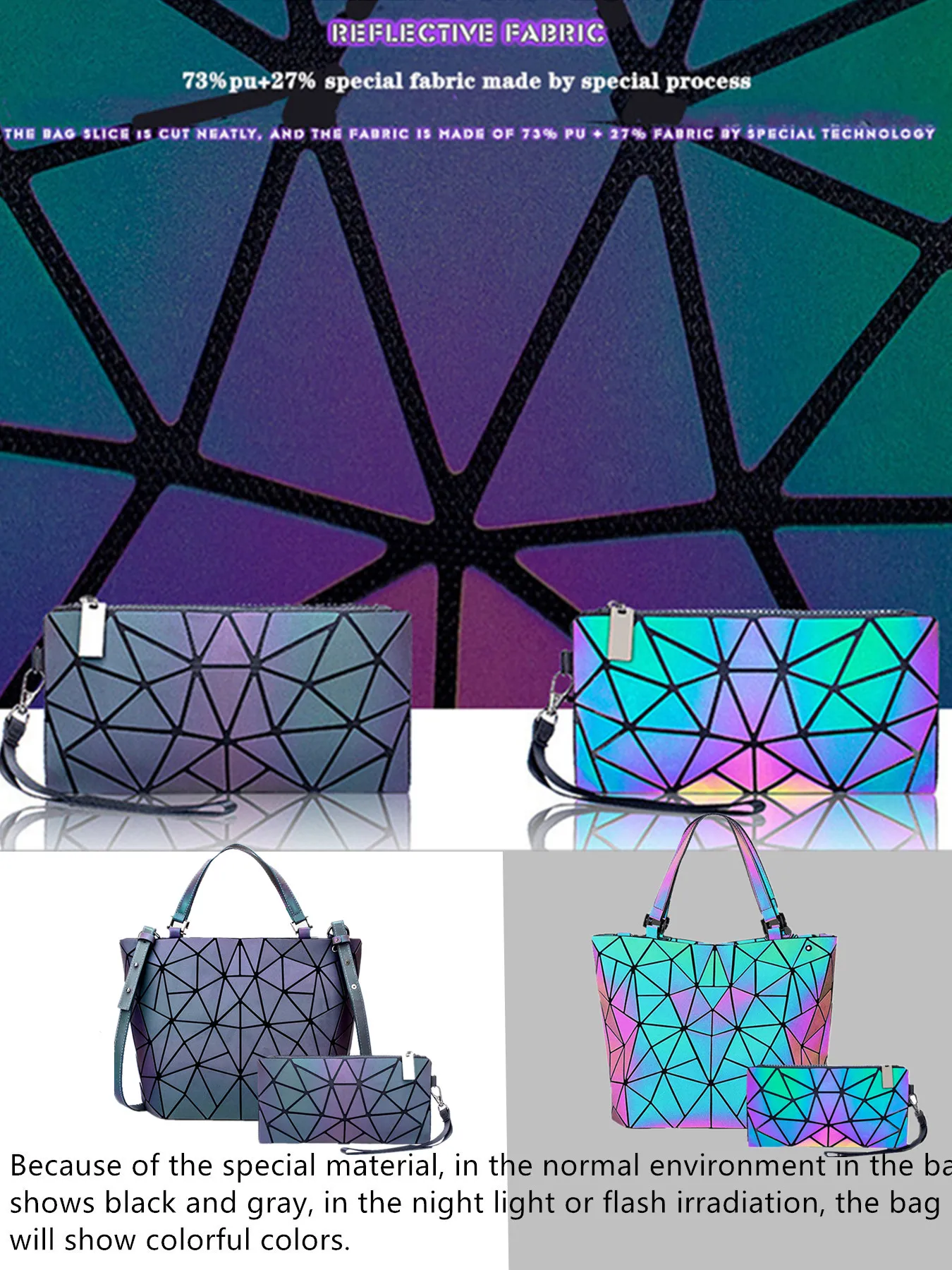 1pcs 2pcs 3pcs Women\'s Fashion Messenger Bags Laser Luminous Rhombus Folding Shoulder Bag Cool Tote + Rectangle Zipper Wallet