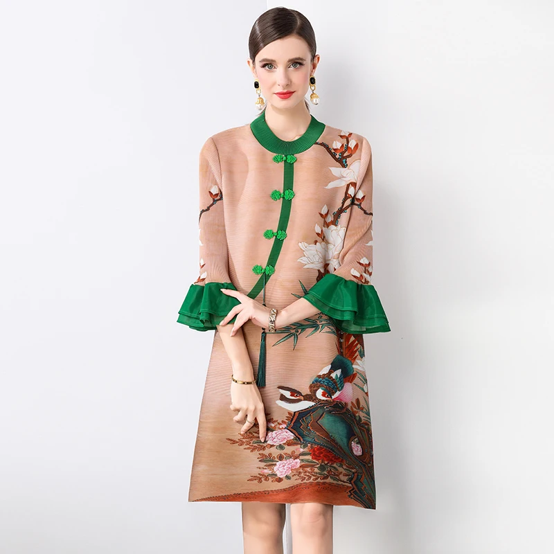 2024 Autumn New Wrinkle Elastic Magic Skirt for Women, Chinese Retro Printed O-Neck Loose Large Casual Long Sleeve Skirt