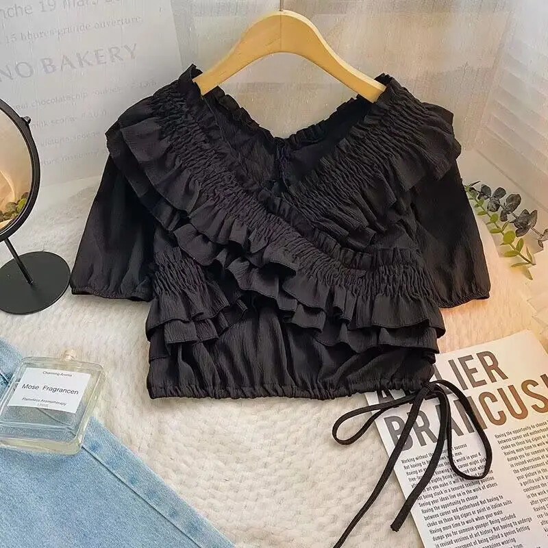 Summer Fashion Ruffles Solid Short Sleeve Blouses Women's New Elegant Slim V-neck Thin Elastic Tops