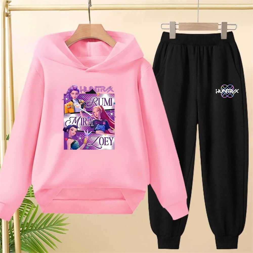 KPop شيطان الصيادين الوردي الأطفال هوديس + أسفل السراويل دعوى طفل 3-12 سنة معطف ملابس سوداء الفتيان الفتيات هوديي Sweatshirr #3