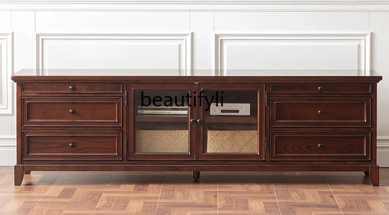 American Country Solid Wood So Easy So Beauty Retro TV Cabinet and Tea Table Combination Walnut Color Storage Floor Cabinet