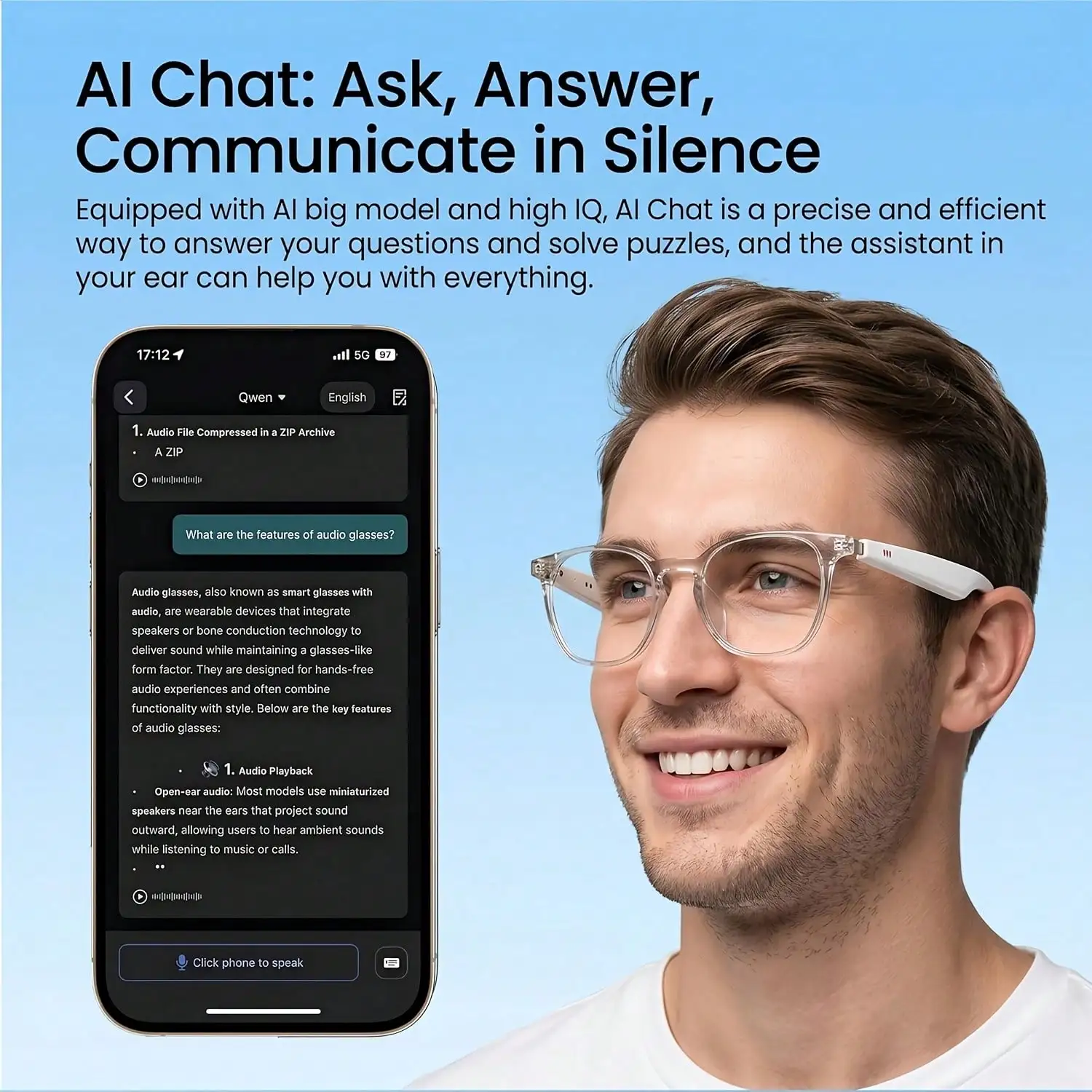 AI Smart Glasses with Photochromic Lenses, Open Ear Bluetooth Audio Glasses, Real-time AI Translation, Hands-free Calls & Music Playback for Travel Meeting