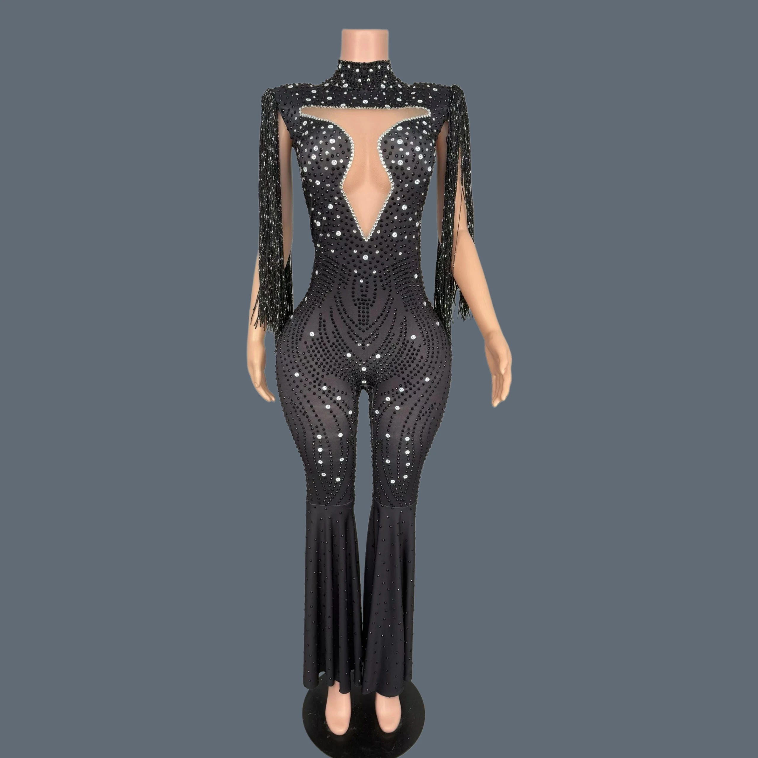 Women Spandex Elastic Tight Fitting Jumpsuit Black Tassel Nightclub Party Spandex Elastic Drag Queen Performer Sexy Wear Wuyun