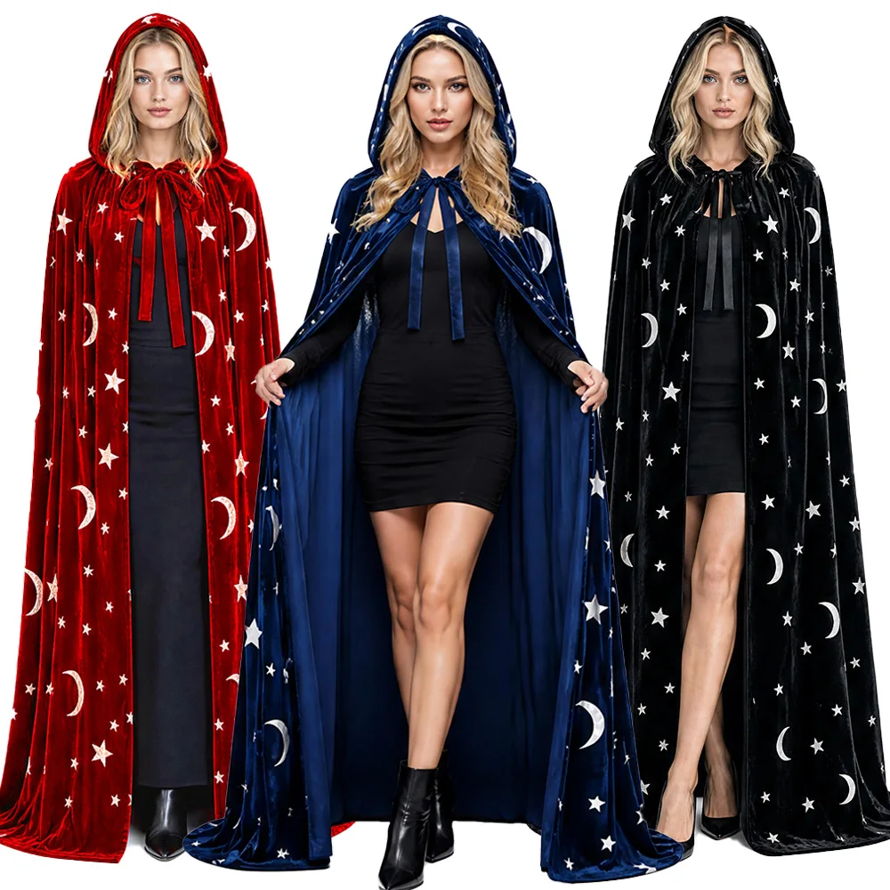 

[Men's and Women's Halloween Costumes] Adult Wizard Role Playing Magician Performance Costume Blue Star Robe+Pointed Hat Set Thr