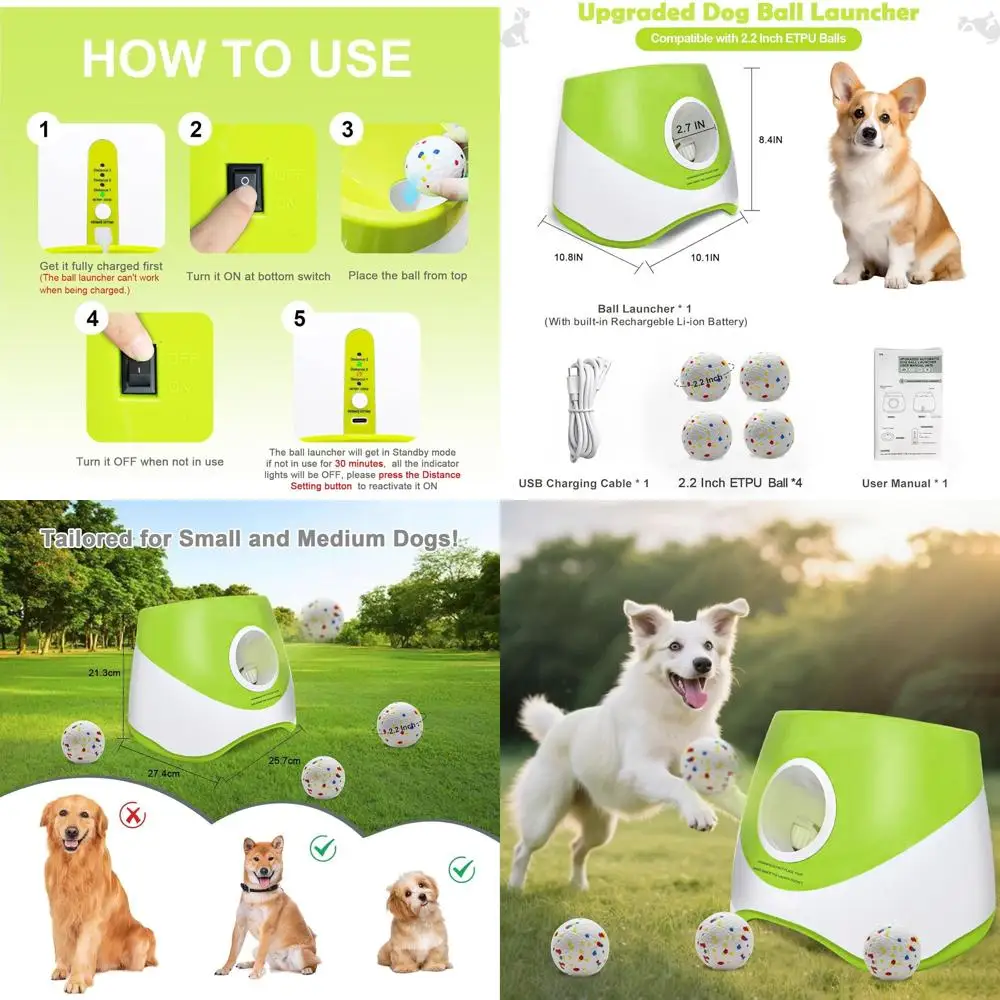 

Interactive Dog Ball Launcher for Small to Medium Dogs, Mental Stimulation Toy with 4 Durable 2.2-Inch Light Green Balls