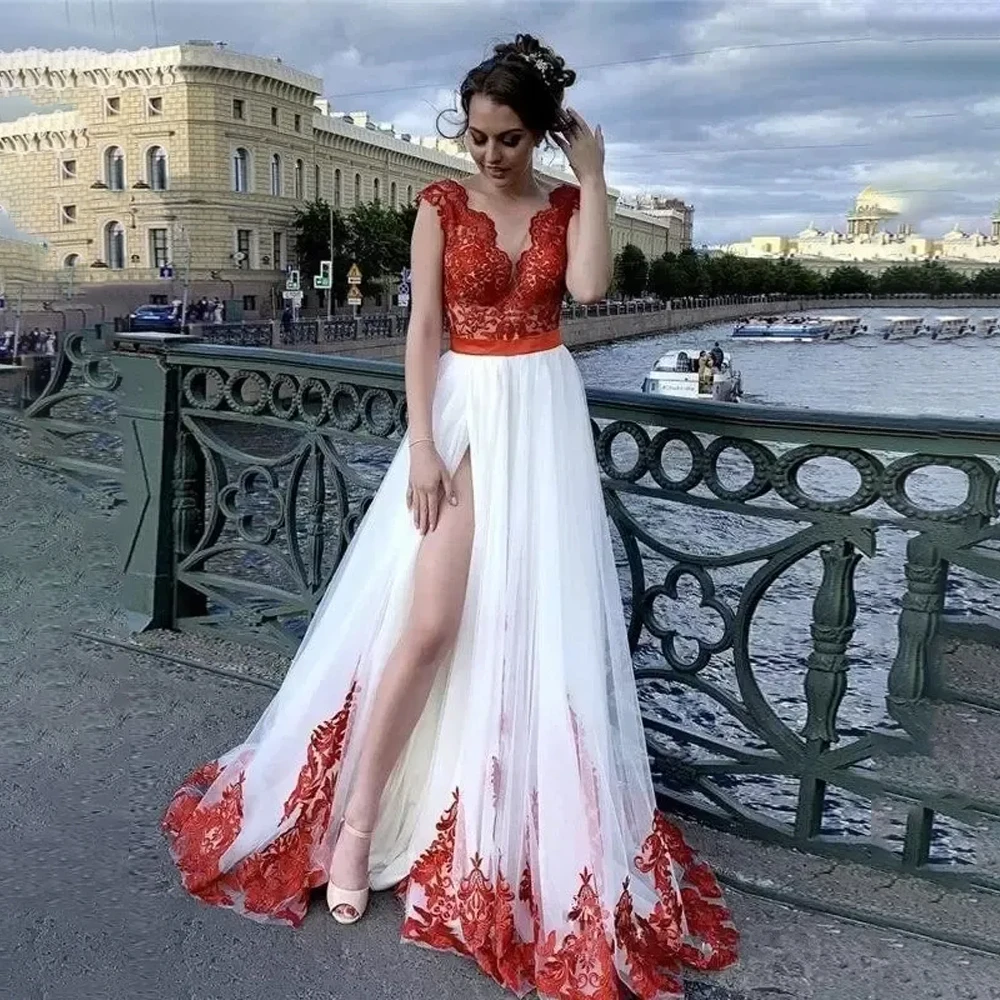 LZPOVE Custom Made Red And White Vintage Lace Wedding Dress A-Line Bridal Gown Princess Tulle Luxury Front Slit Bride Dress