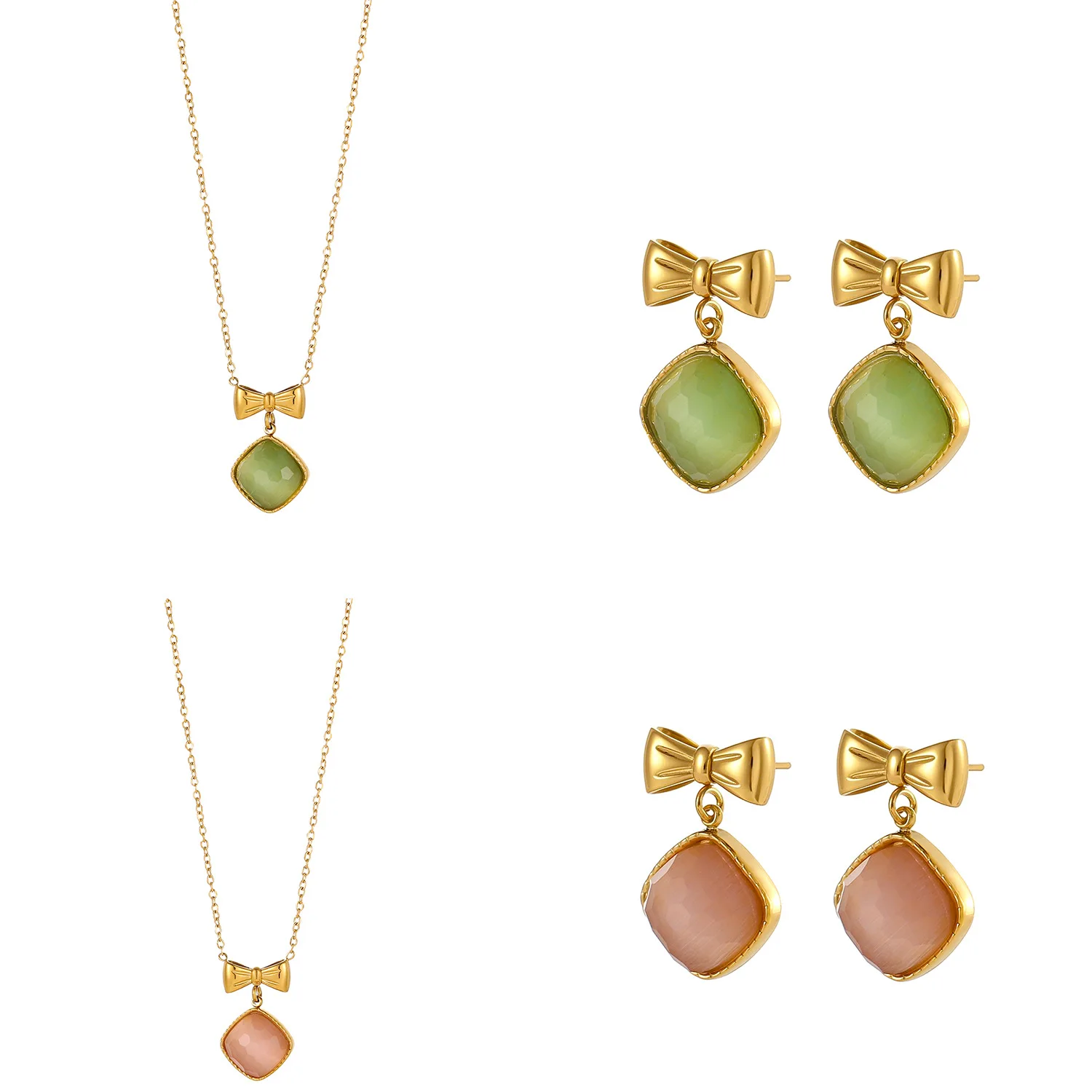 

CARLIDANA Elegant Bow Knot Square Jewelry Set Natural Stone Pendants Necklace Square Drop Earrings for Women Perfect Gift