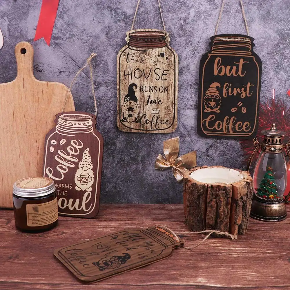 

4pcs American-Style Country Wooden Coffee Hanging Sign Vintage Elegant Coffee Letter Sign Decorations Coffee Can Shape