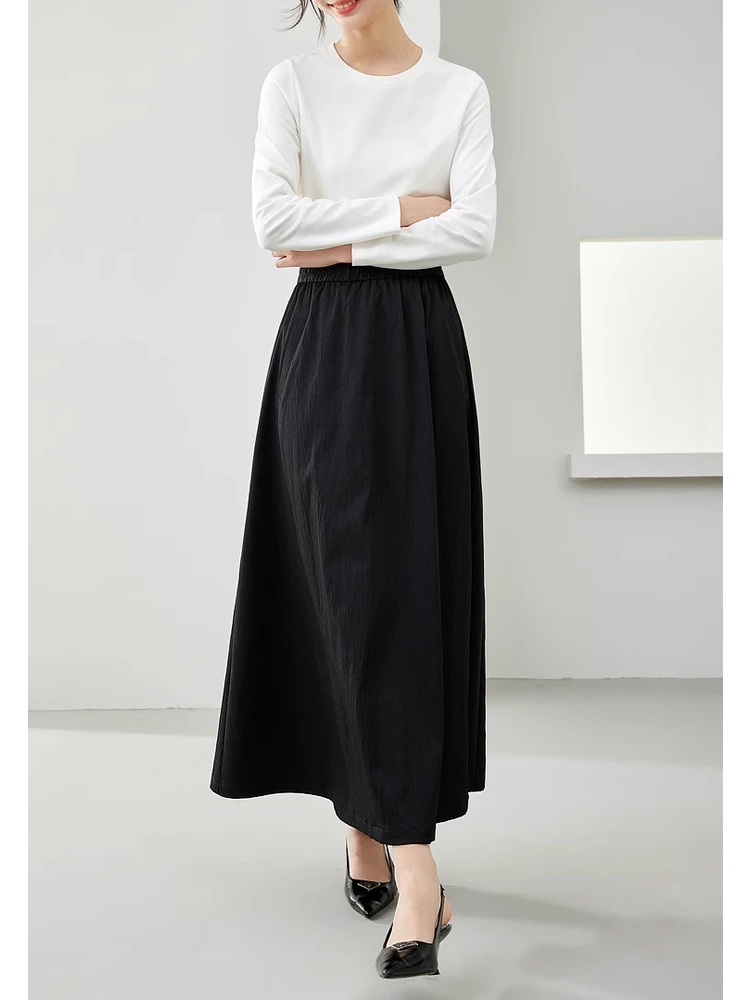 Vimly Women\'s Black Long Skirt 2024 Spring New In Elegant A-line Elastic Waist Female Swing Maxi Skirts Woman Clothing M6068