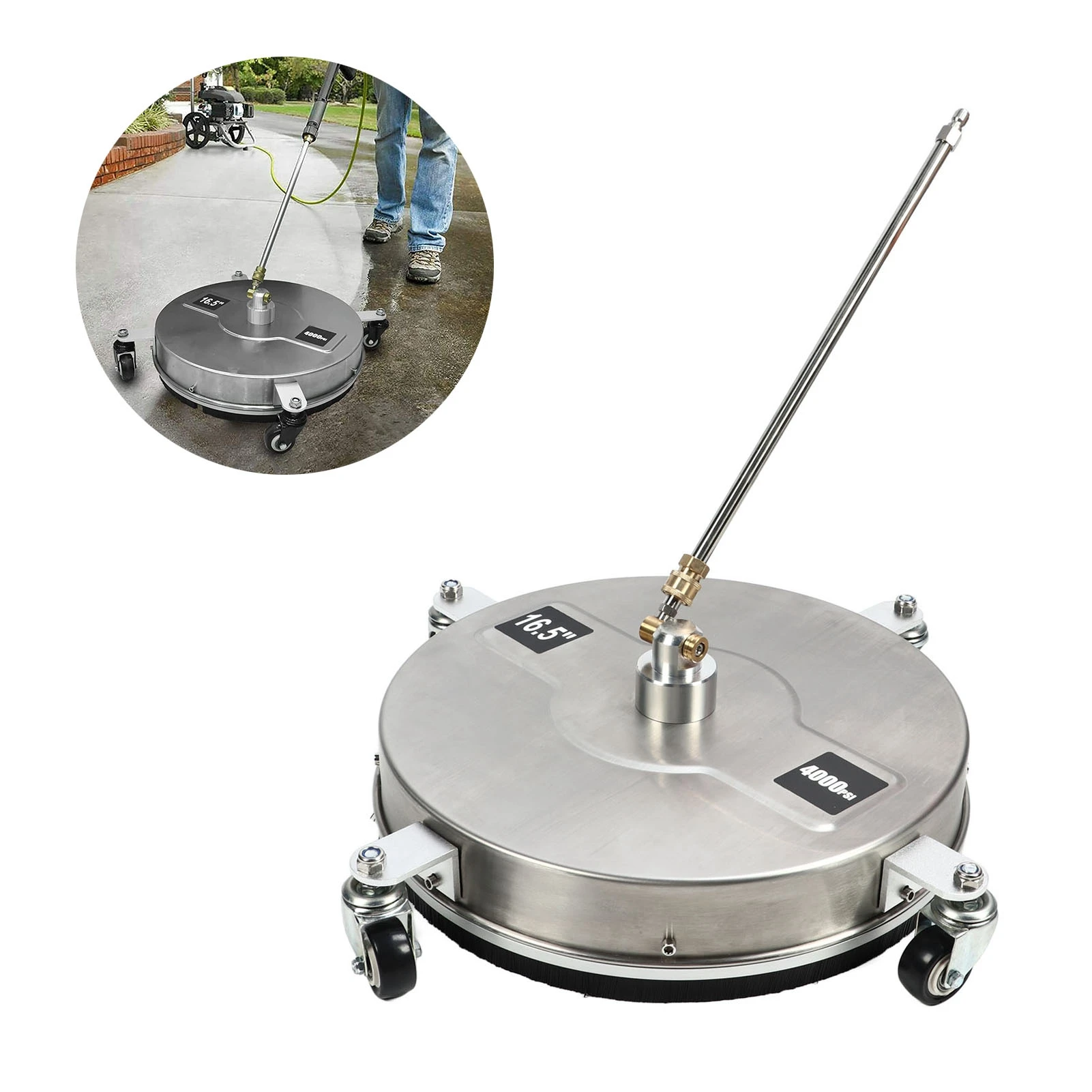 1/4in Quick Plug 4 Wheels High Efficiency Floor Power Washer with 2 Extension Wand Pressure Washer Surface Cleaner