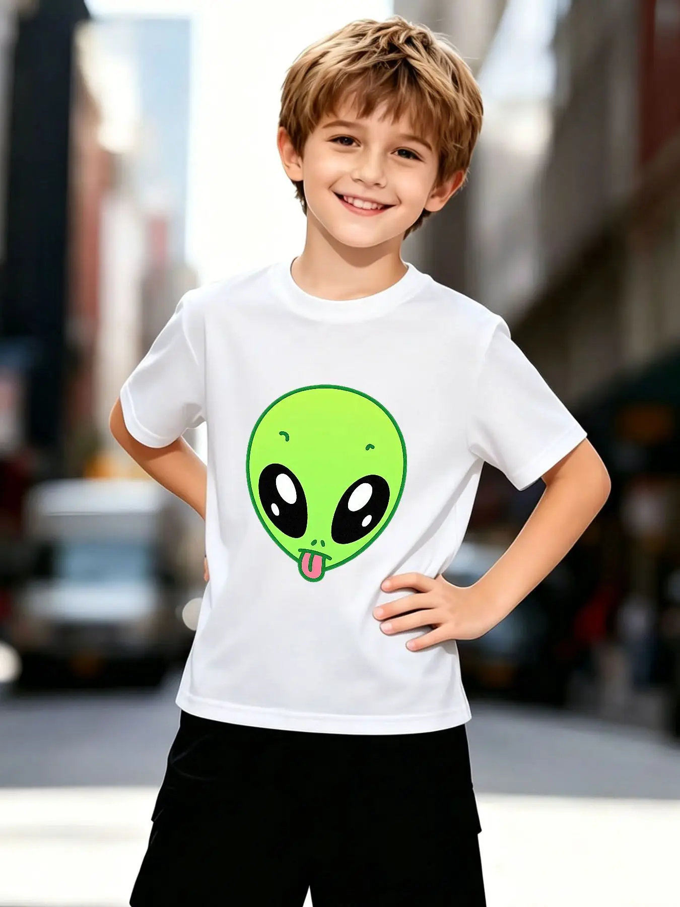 Cute Green Alien Face Space Cartoon Art Graphic Print Family Matching Short Sleeve Tee Boys Girls Kids Casual Daily Wear Tops