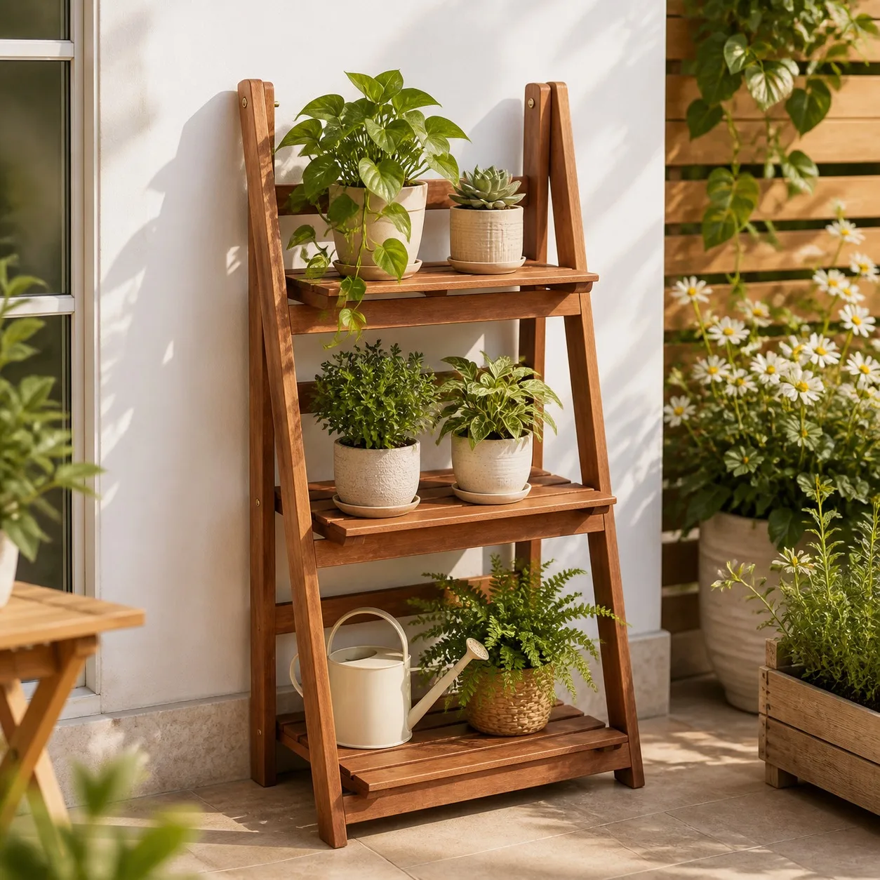 Support à plantes en bois à 3 niveaux, support décoratif pliable pour pots de fleurs d'intérieur et d'extérieur, organisateur de fleurs pour balcon et jardin, dimensions 80x41x25cm, marron