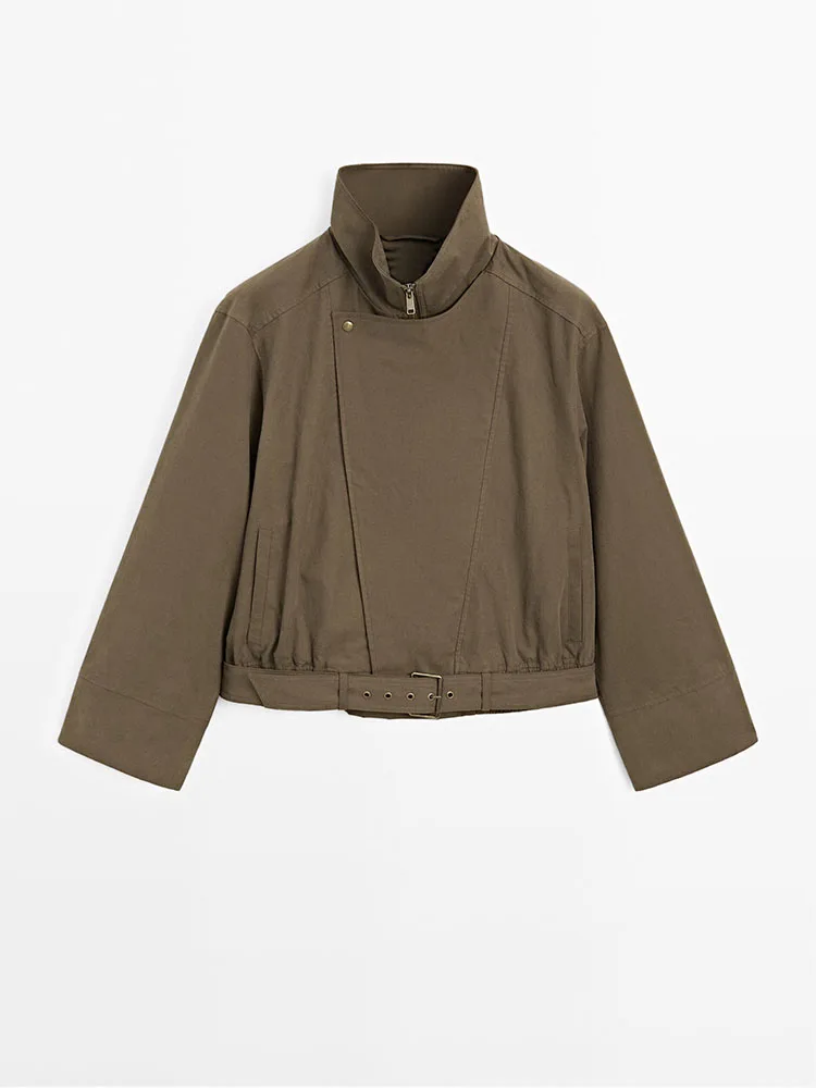 

Модное осеннее пальто с поясом и высоким воротником, укороченная версия, новинка, женская одежда, для повседневной носки, с длинными рукавами, на молнии