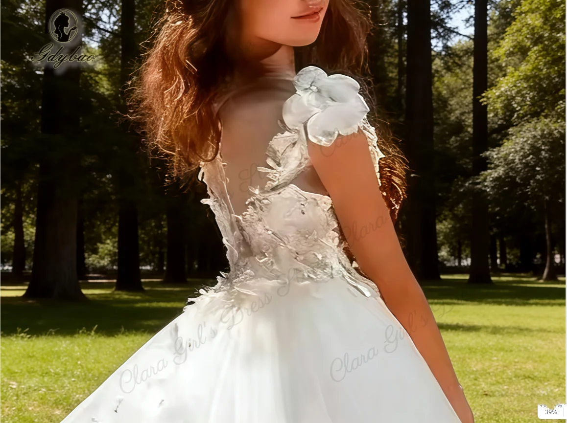 Robe de demoiselle d'honneur blanche élégante avec appliques papillon 3D, parfaite pour les fêtes d'anniversaire des enfants, les concours et la première communion