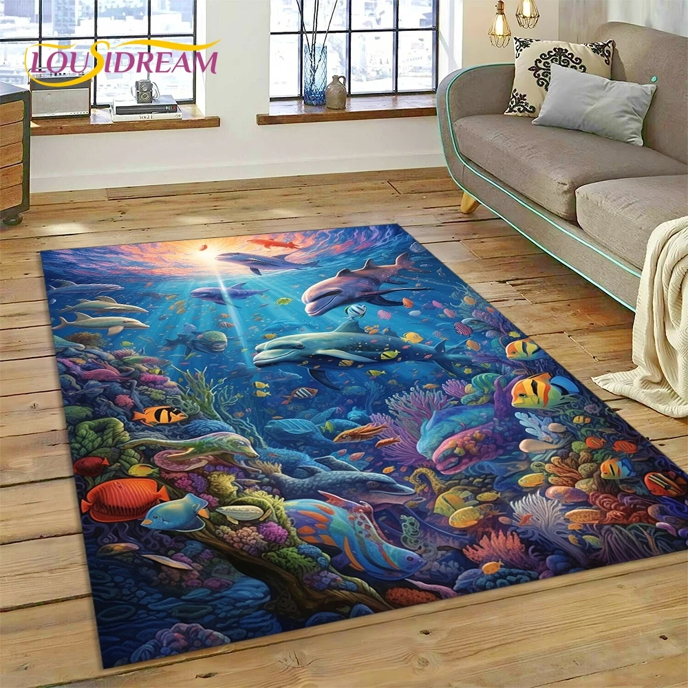 3D Underwater World  Seabed  Dolphin Cartoon Rug Carpet for Living Room Bedroom Home Decor,Non-slip Decoration for Sofa Gift Kid