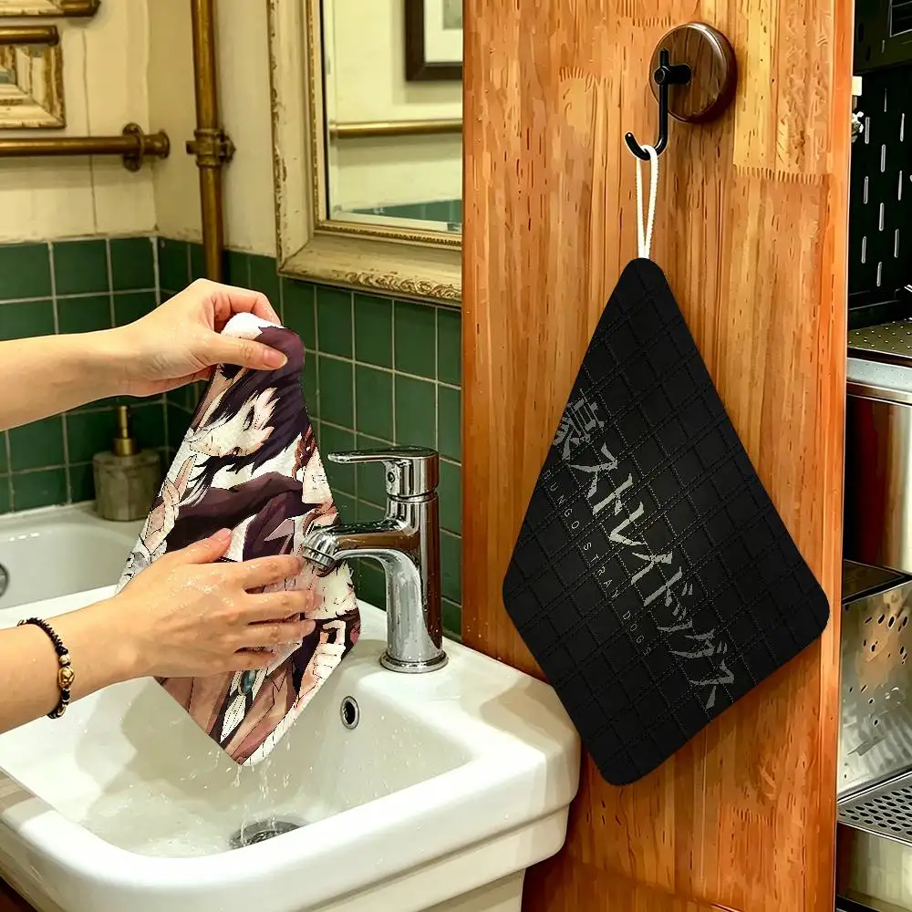 Anime B-Bungo S-Stray D-Dogs Hanging Kitchen Towel, Polyester Cotton Fabric, Absorbent Hand Wiping Towel for Home Dormitory