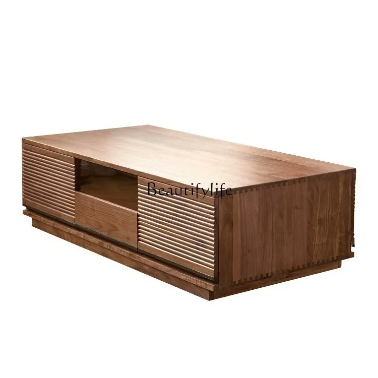 

Nordic Black Walnut Solid Wood Stone Plate Display with Light Atmosphere Creative Black Modern Coffee Table