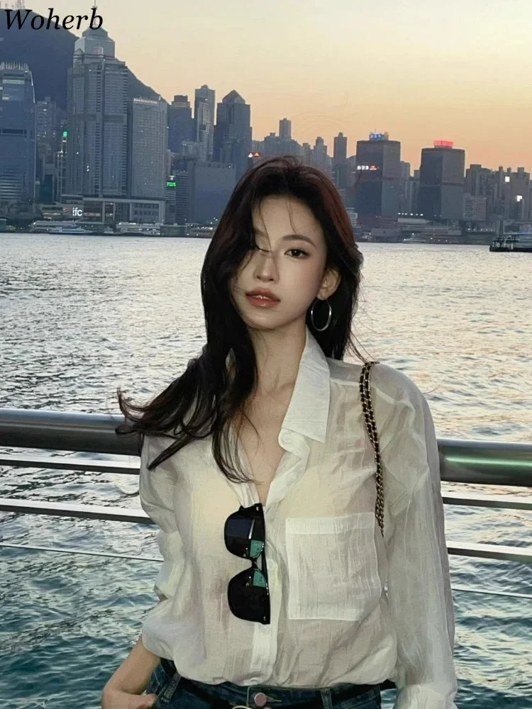 Blusa feminina coreano topos 2025 ropa mujer proteção solar elegante novas blusas turn down collar manga longa mulher chique branco blusas