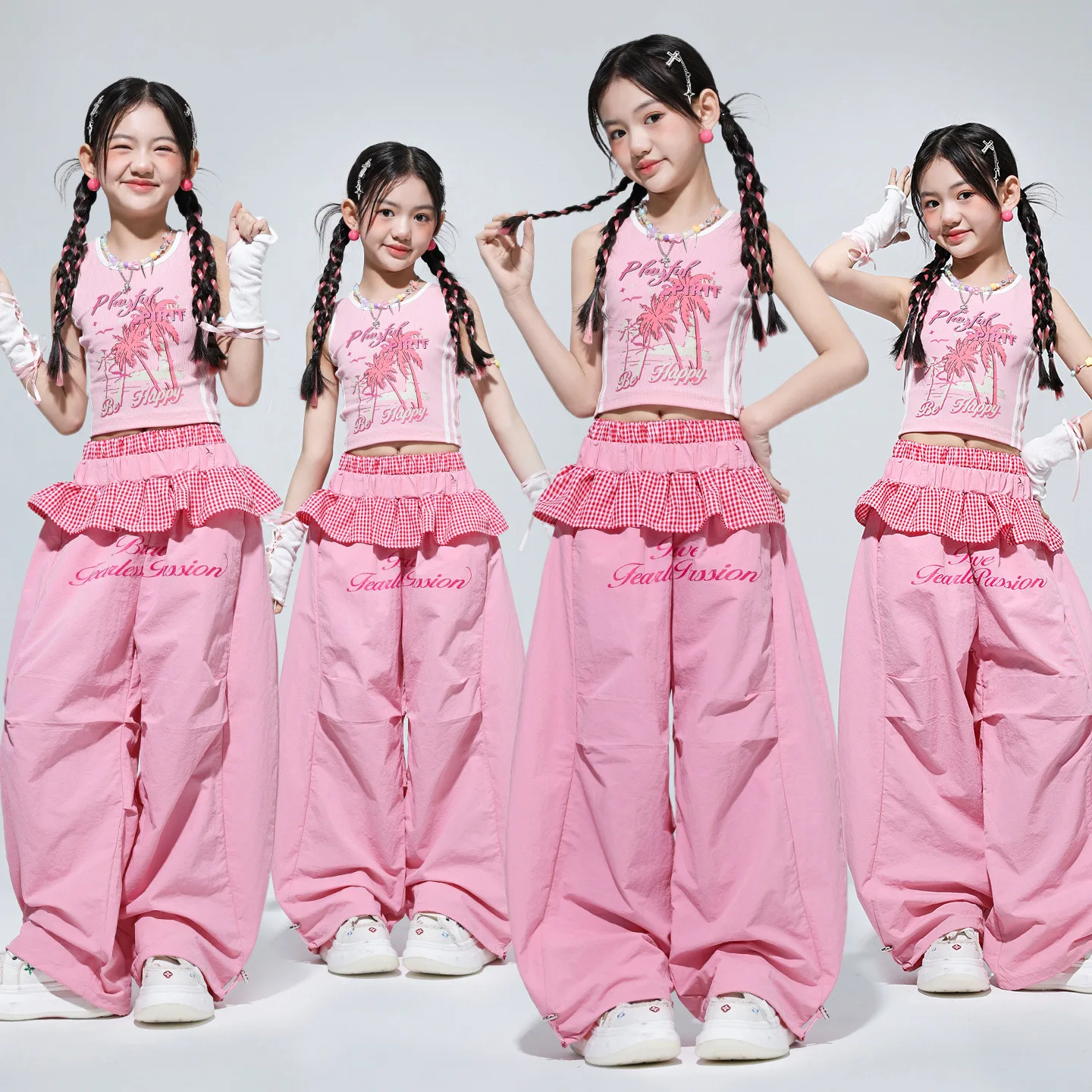 Girls Sweet Pink White Crop Vest Hip Hop Pink Waist Pants Kids K-pop Streetwear Children Jazz Costume Girl Group Clothes Sets