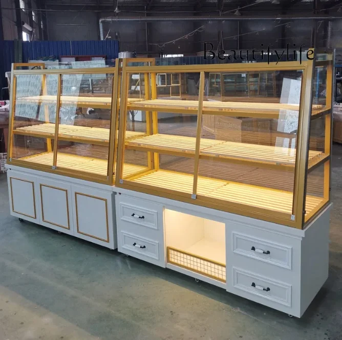 R Bread Display Side Cabinet Egg Pastry Shop Baking Fried Goods Drawer Wrought Iron Solid Wood Middle Island Cabinet