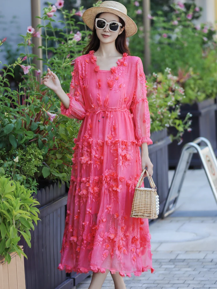 High End Autumn New Rose Red Women's Luxury Floating Flower Embroidery Wide Adjustable Waist Mid Length Dress One Size