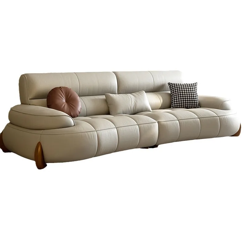 

Leather sofa cream style living room small apartment light luxury modern large seat deep piano keys curved Nordic leather