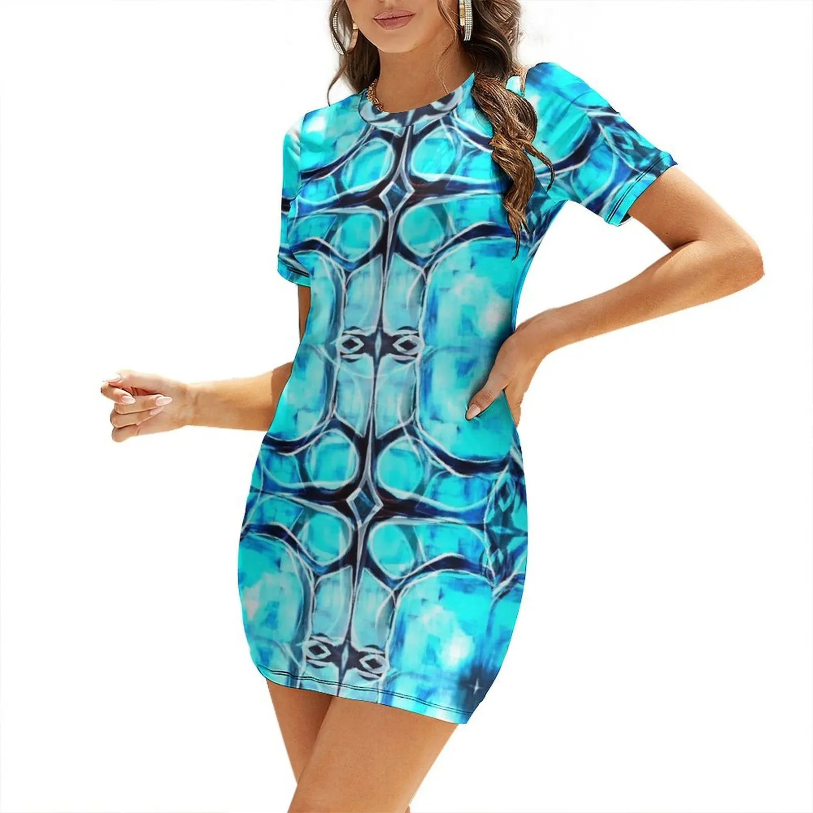 

Brilliant Blue Abstract Short-Sleeved Dress women's dresses luxury dresses for prom prom dress 2025 Dress