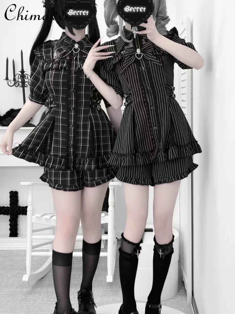 

Оригинальное японское готическое кружевное платье с нагрудником на талии, комплект 2025 года, новый милый крутой топ с короткими рукавами для девочек + шорты, комплект из двух предметов в стиле Лолиты