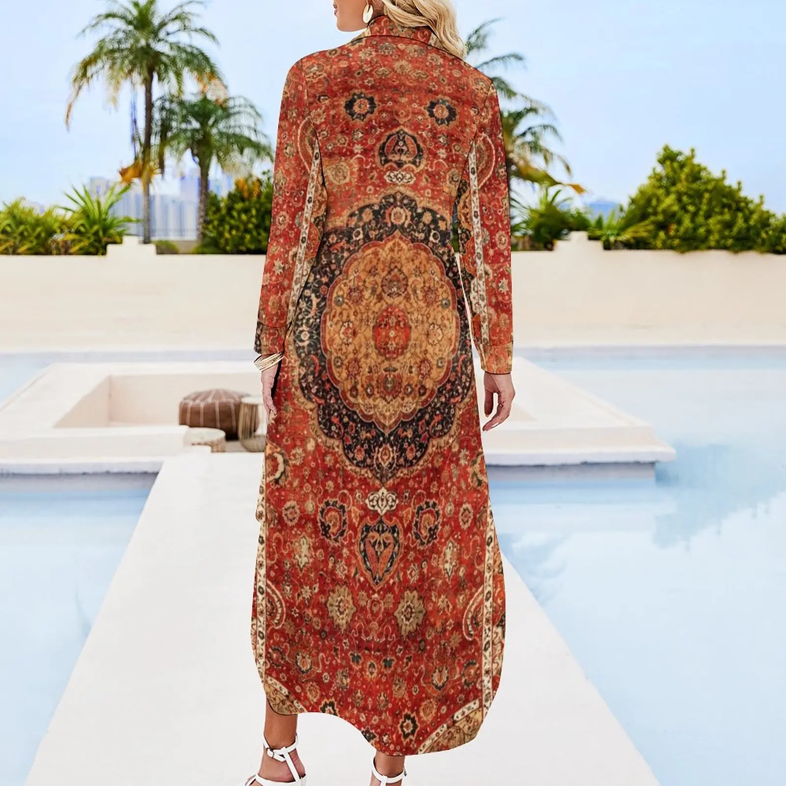 Seley Antique Persian Rug Print Long Sleeved Shirt Dress summer dress daily birthday dress for women luxury 2024