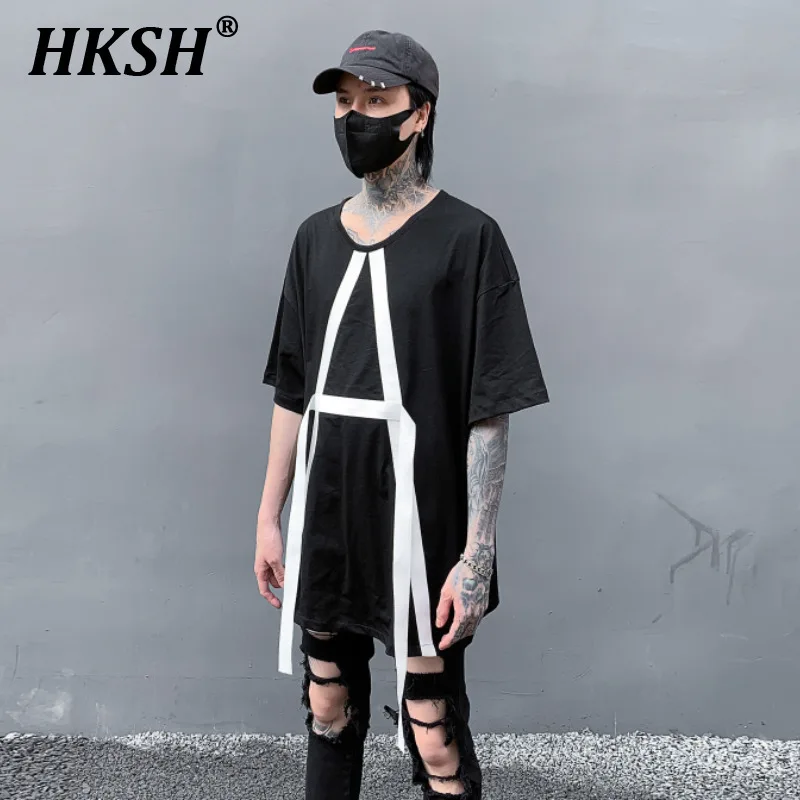 

HKSH Summer New Personalized Ribbon Men's Dark T-shirt Loose Casual Round Neck Pullover Half Sleeve Top Trendy Brand Punk HK0144