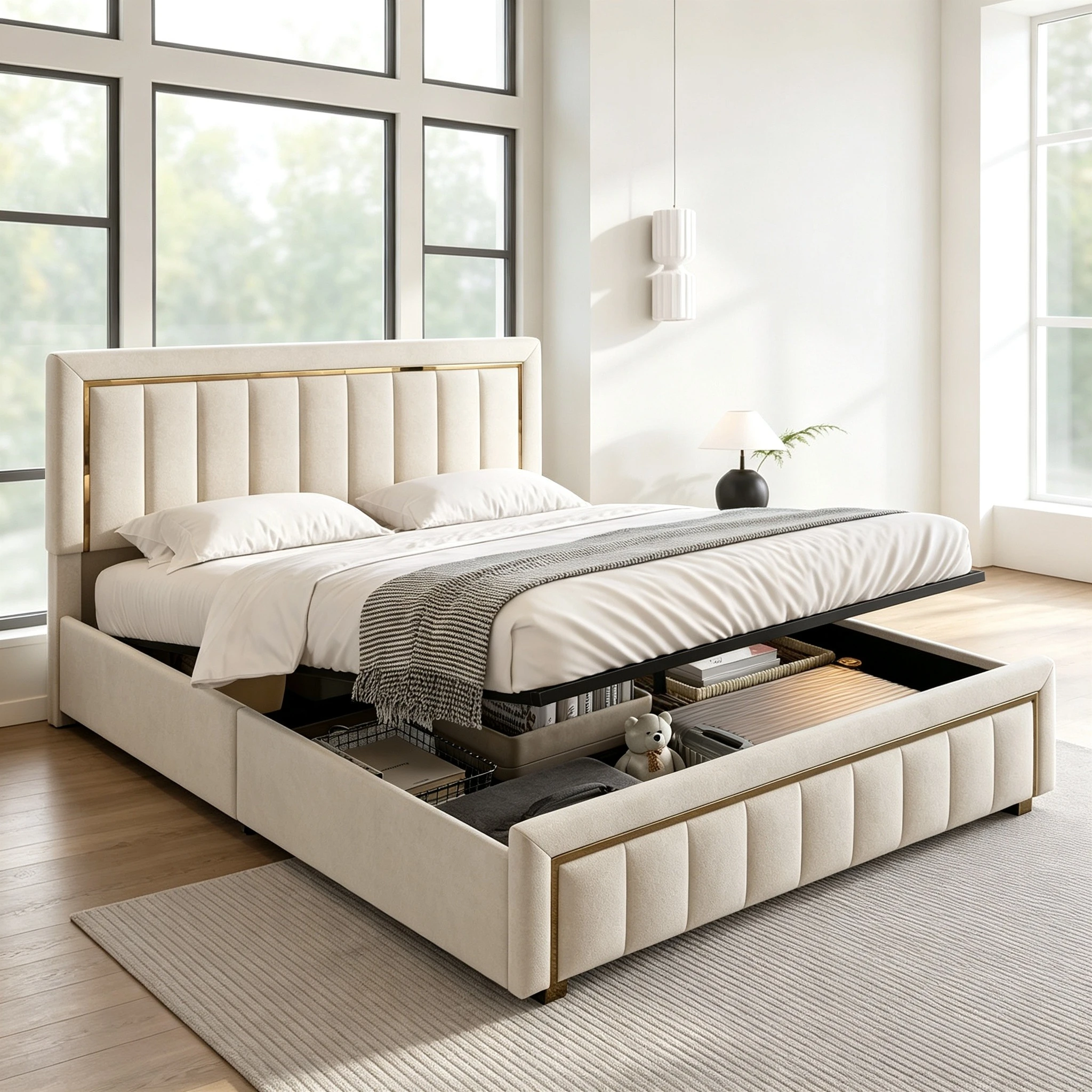 Letto matrimoniale imbottito Fangange, dimensioni 180/160/140x200 cm, letto singolo 90x200 cm, letto moderno per adulti con testiera imbottita verticale e finiture in metallo dorato, rivestimento in