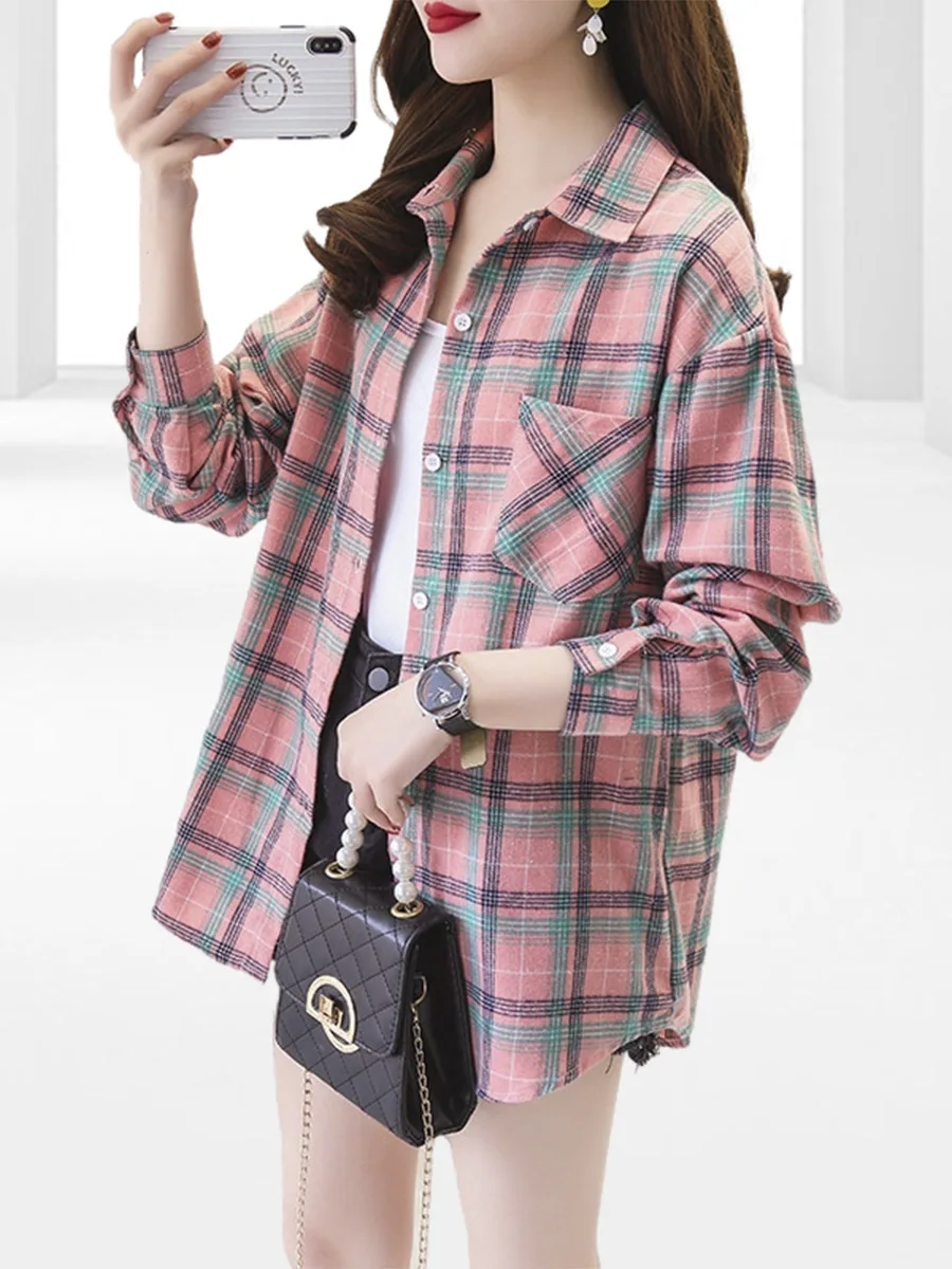 Cotton Plaid Shirt Women\'s Korean Loose Long Sleeved Retro College Style Thin Jacket Female Clothing All Seasons Tienda Traf