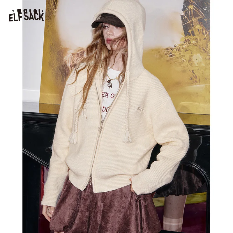 

ELFSACK 2025 Winter New Arrivals Casual Y2K Embroidery Knit Star Zip Up Hooded Sweater Coat For Woman
