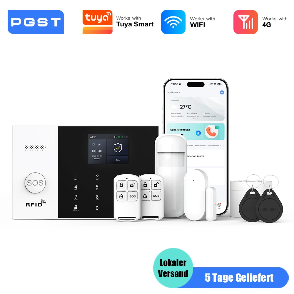 PGST Alarmanlage Einbruchschutz WiFi 4G Works with Tuya Smart Life kabelloses Sicherheits Set für Zuhause Gewerbe Tür Fenster Sensoren Fernüberwachung per Smartphone