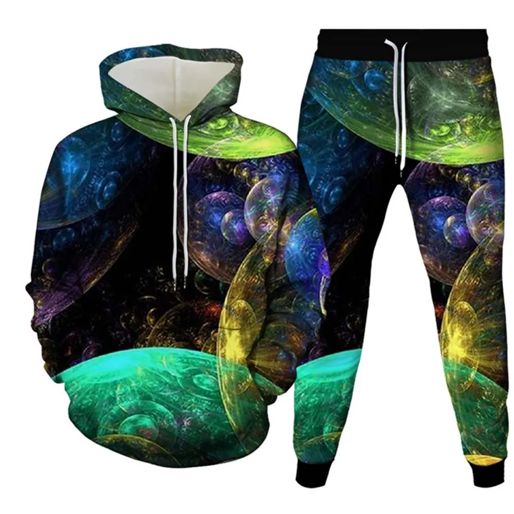 Hoodie Men Moon Star Universe Galaxy Planets 3D Print Men\'s Tracksuit Set Casual Hoodie Pants 2pcs Sets Pullover Men Clothing