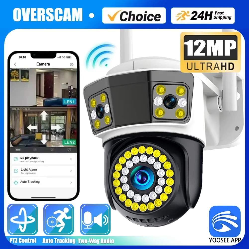 New 12MP WiFi Camera Outdoor Three Screen PTZ Video Surveillance Yoosee Street PT Auto Track 6K Security-Protection CCTV Cameras